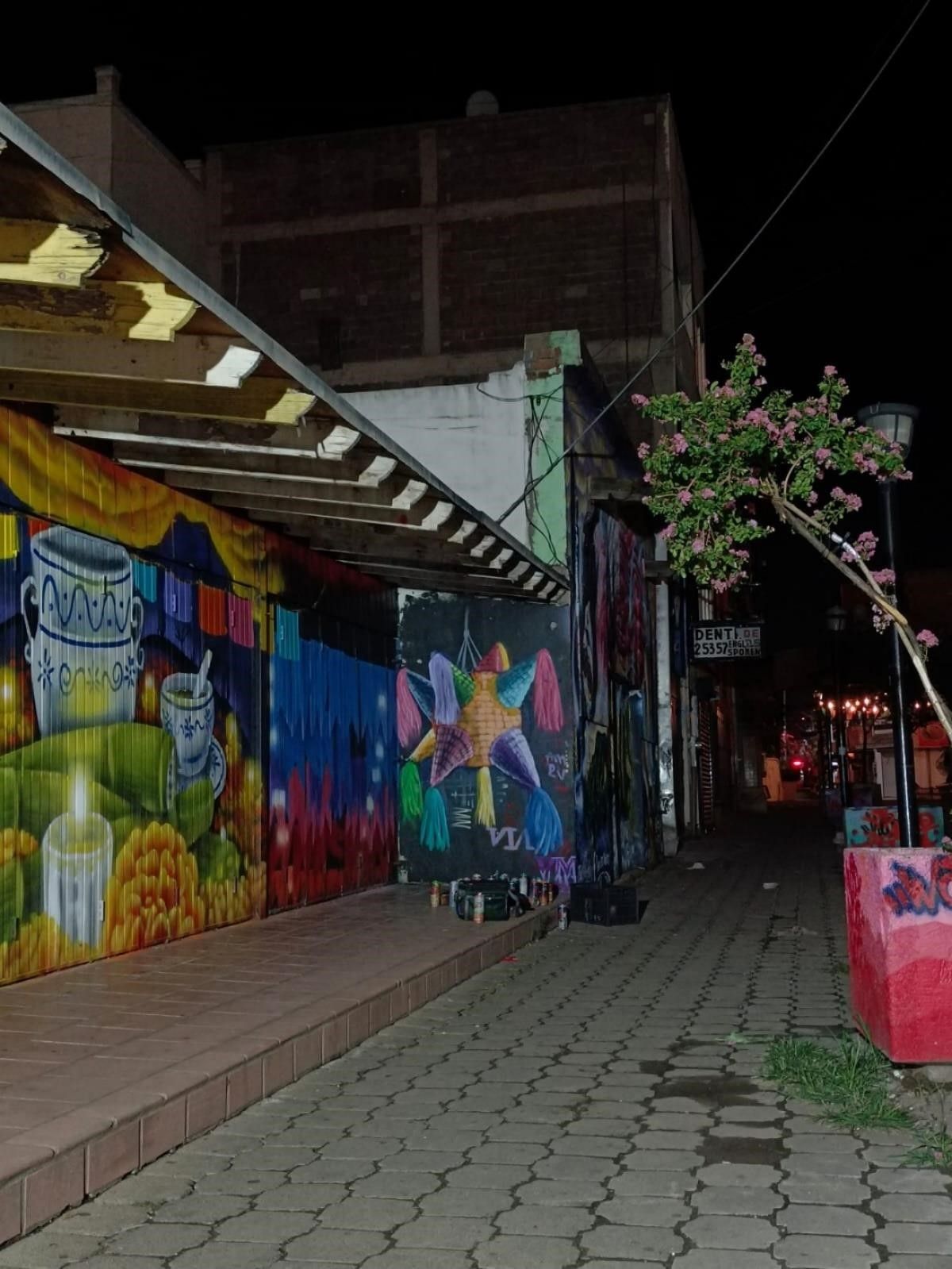 Talavera y piñata, mural nocturno con firma VIA